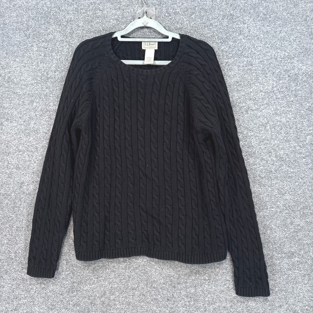 L.L Bean Sweater Womens Large Black Cable Knit Cotton Crewneck Raglan Pullover